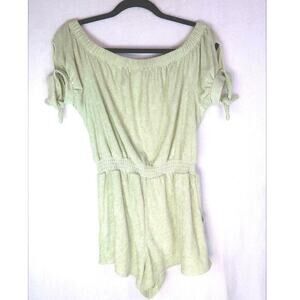 Green terry cloth romper with tie puff‎ sleeves